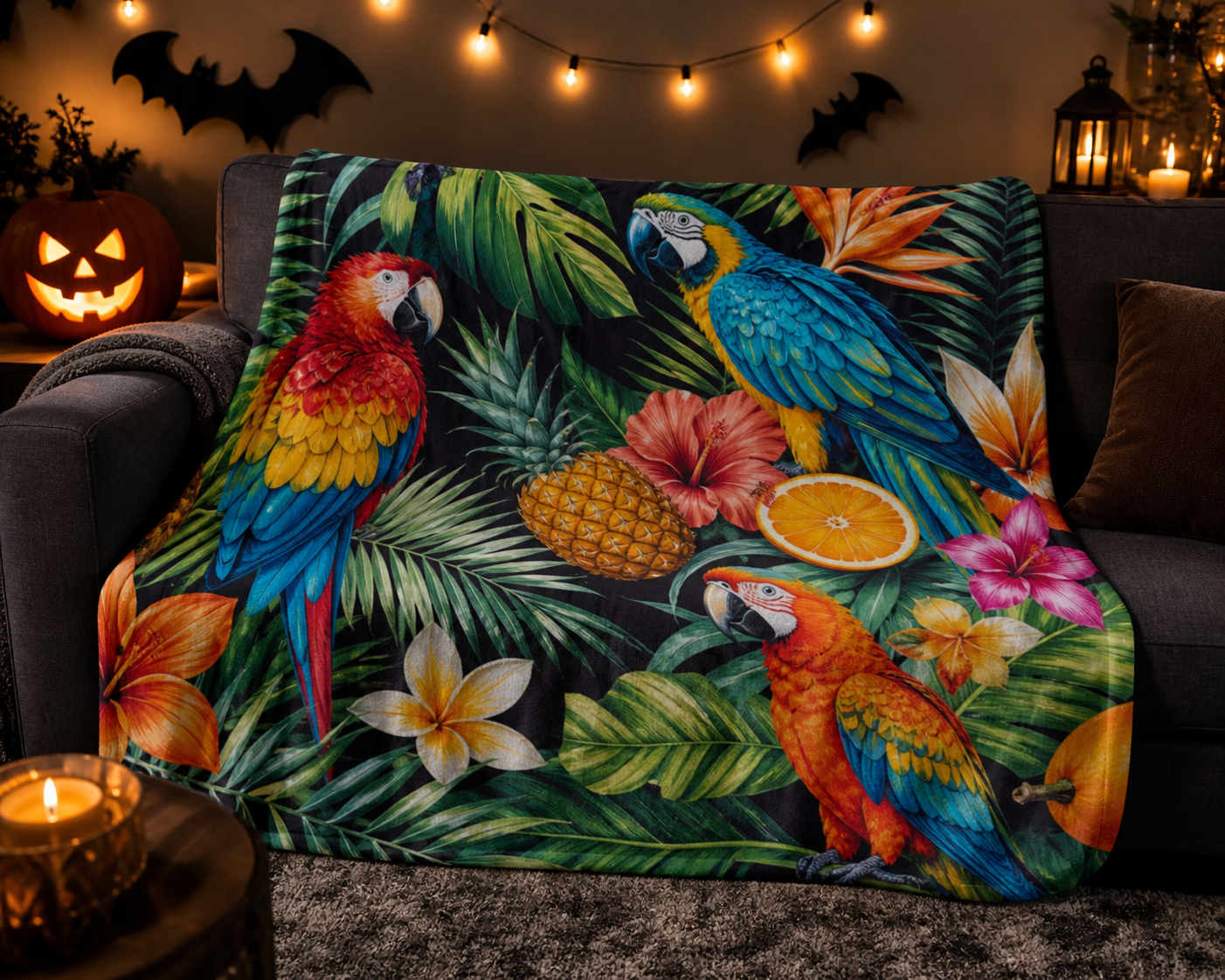 Tropical Parrot Print Throw Blanket Flannel
