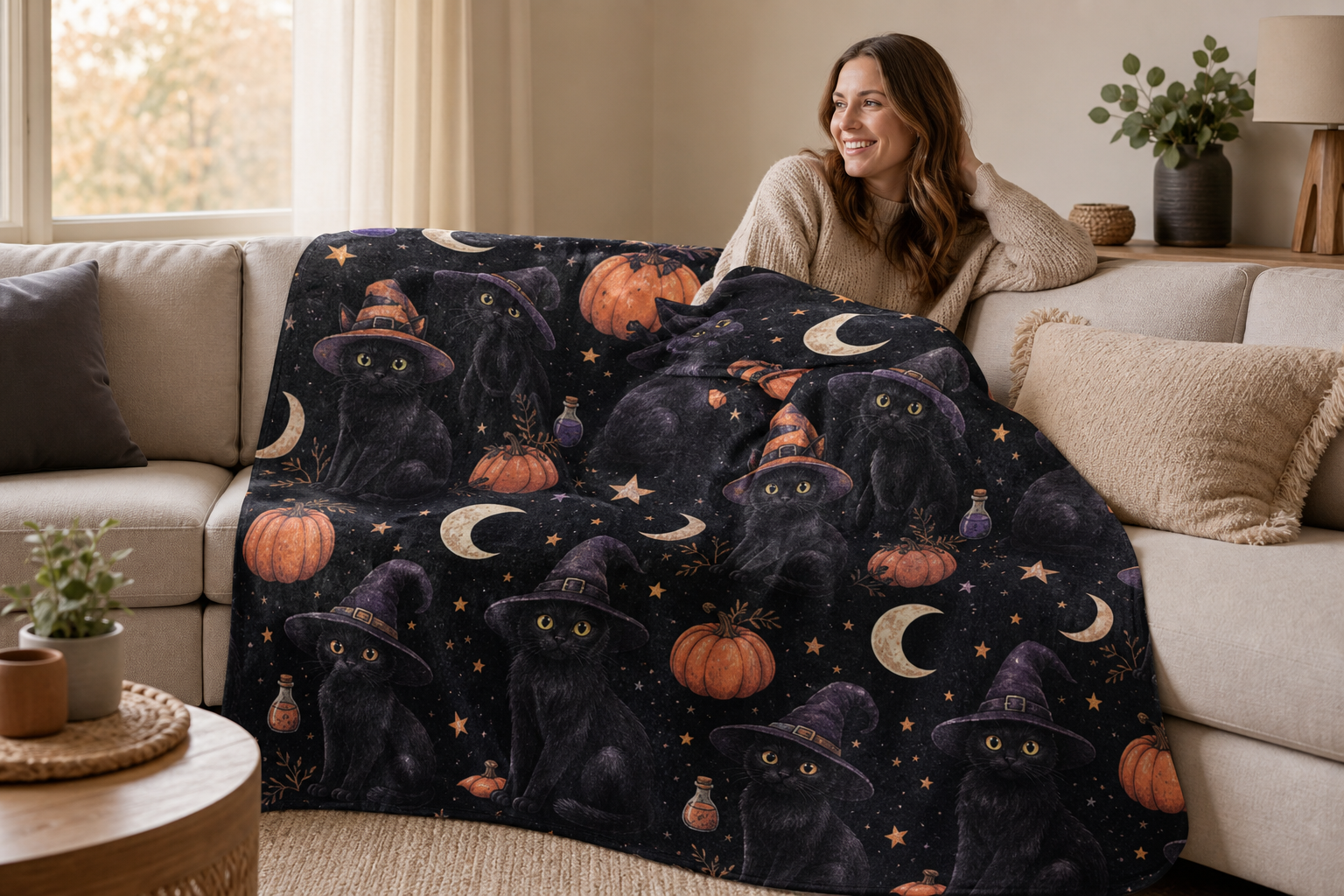 Witch Cat Halloween Throw Blanket Flannel