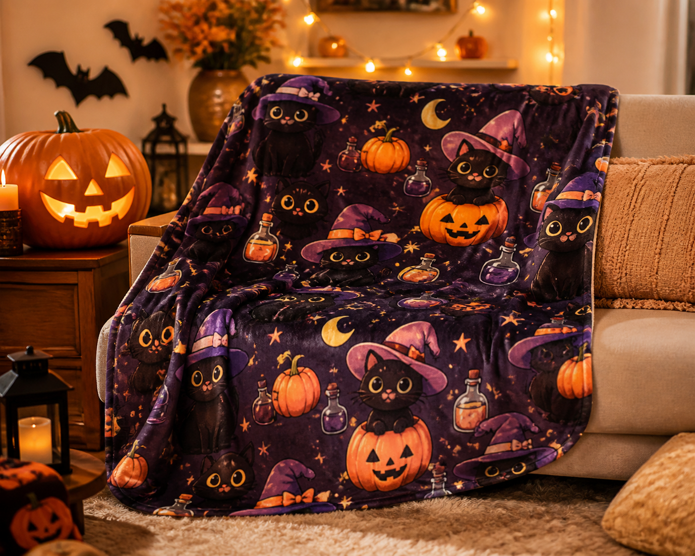 Witch Cat Halloween Throw Blanket Flannel
