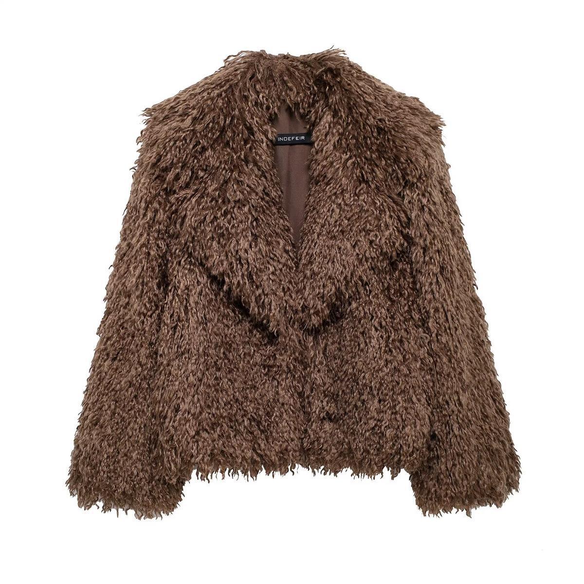 Women's Short Fur-Like Leather Coat With A Stand-up Collar