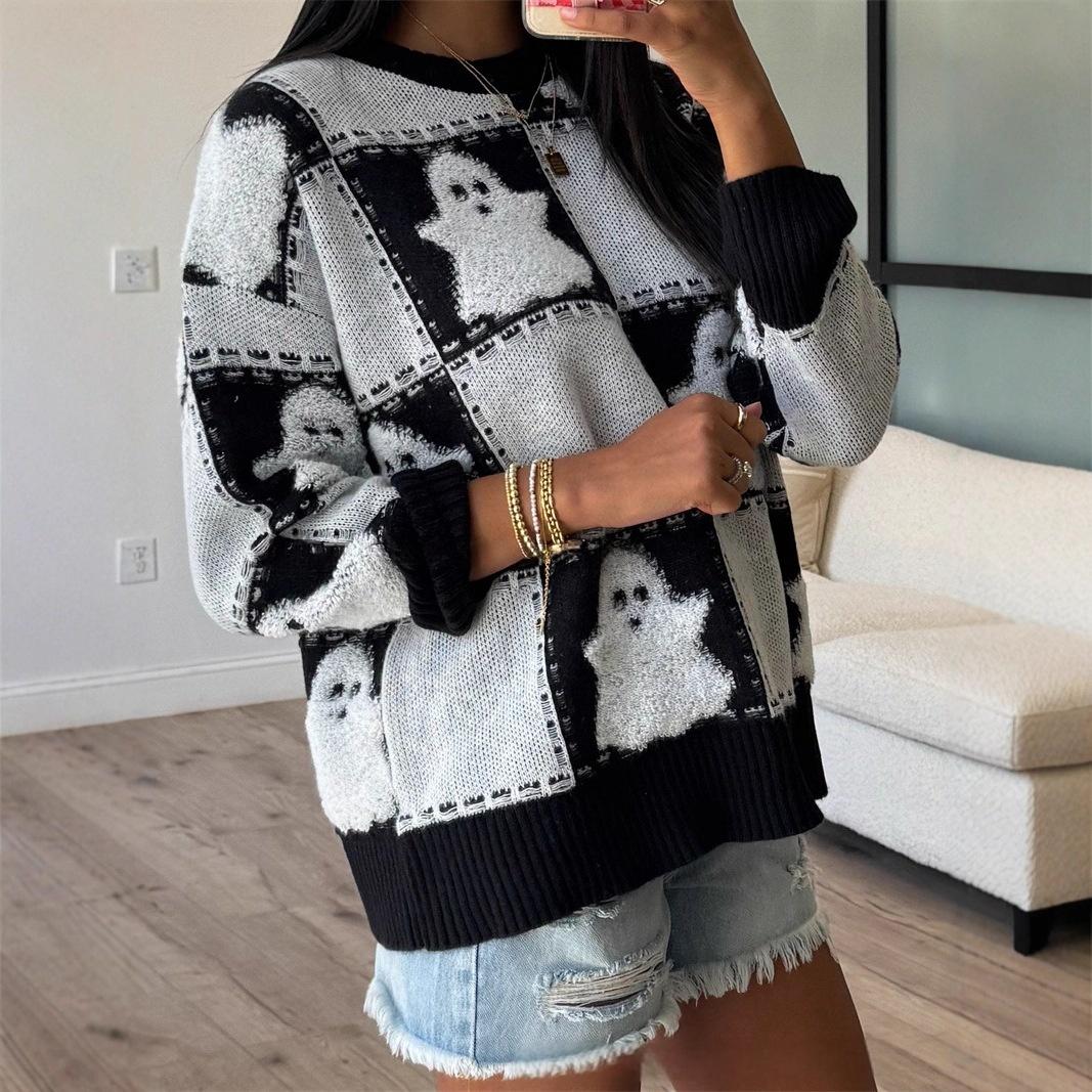 Halloween Women's Howling Ghost Print Crewneck Long-Sleeved Sweatshirt