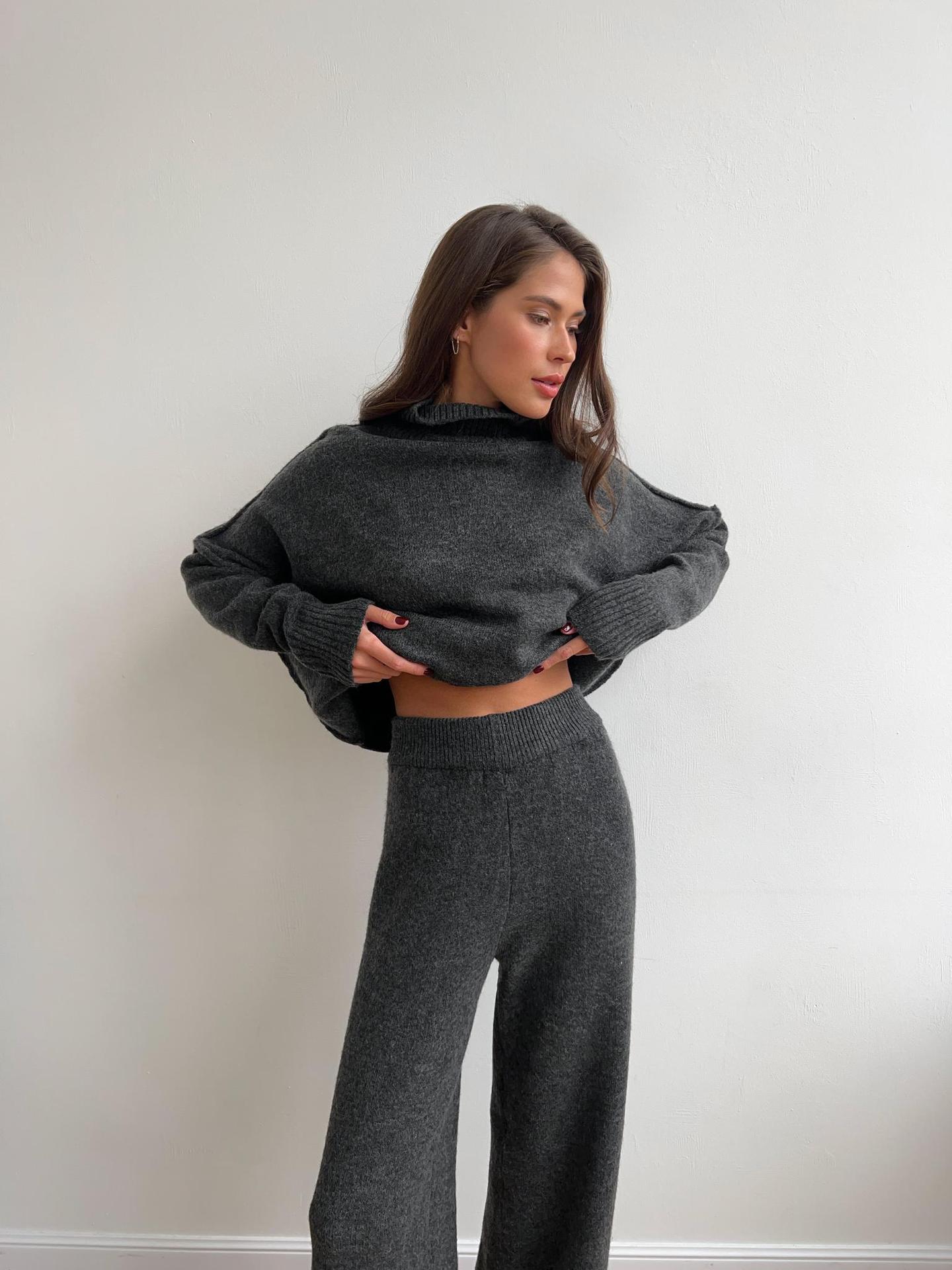 High Collar Split Wool Sweater Suit And Loose Casual Lazy Knitted Trousers Two-piece Suit