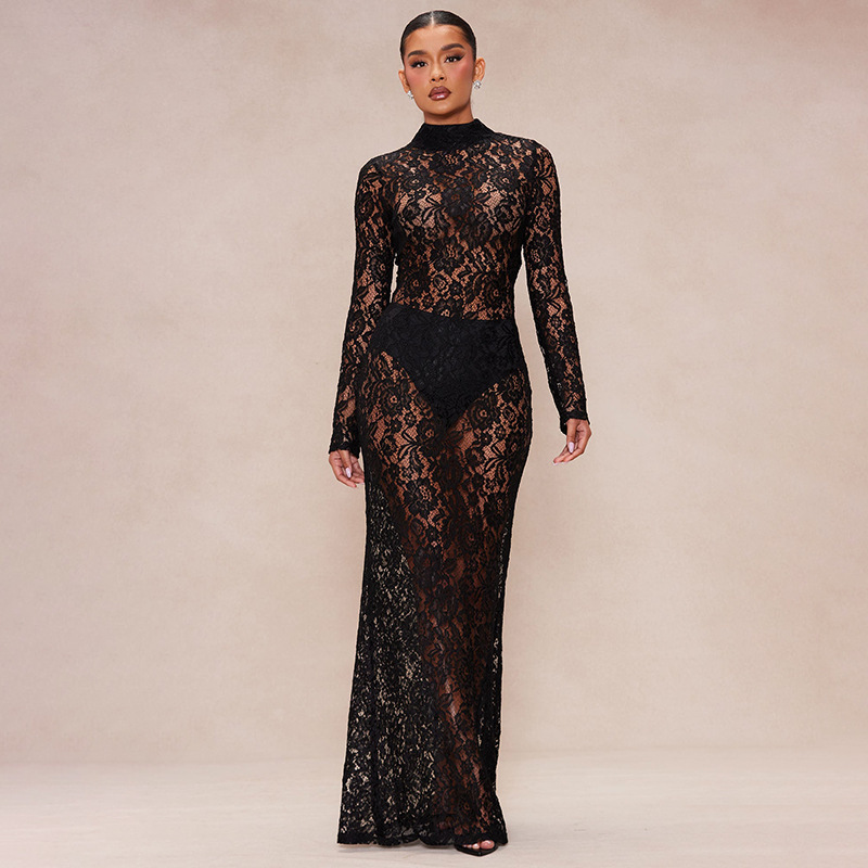 Lace Patchwork Semi-high Neck Slimming And Skin-penetrating Sexy Dress