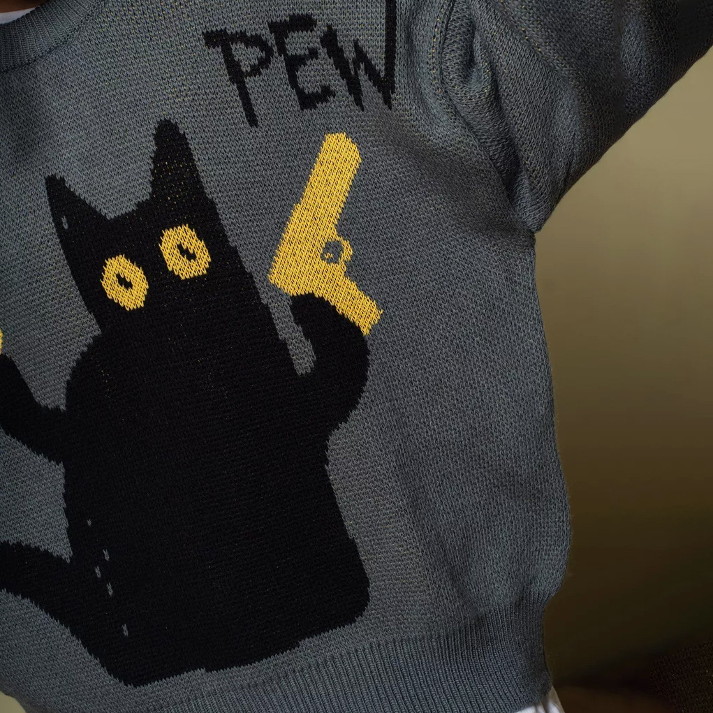 American-style Retro Loose-fitting Crewneck Spy Cat Knitted Sweater