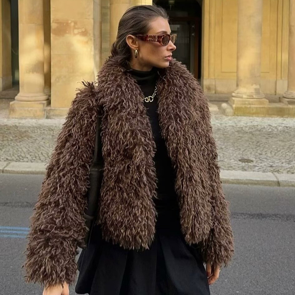 Women's Short Fur-Like Leather Coat With A Stand-up Collar