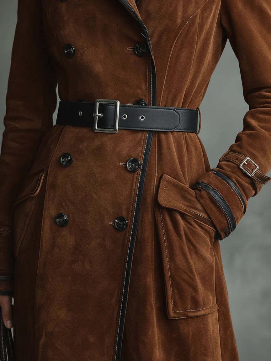 Brown Suede Double-Breasted Trench Coat - Tailored | Vintage-Inspired Luxury