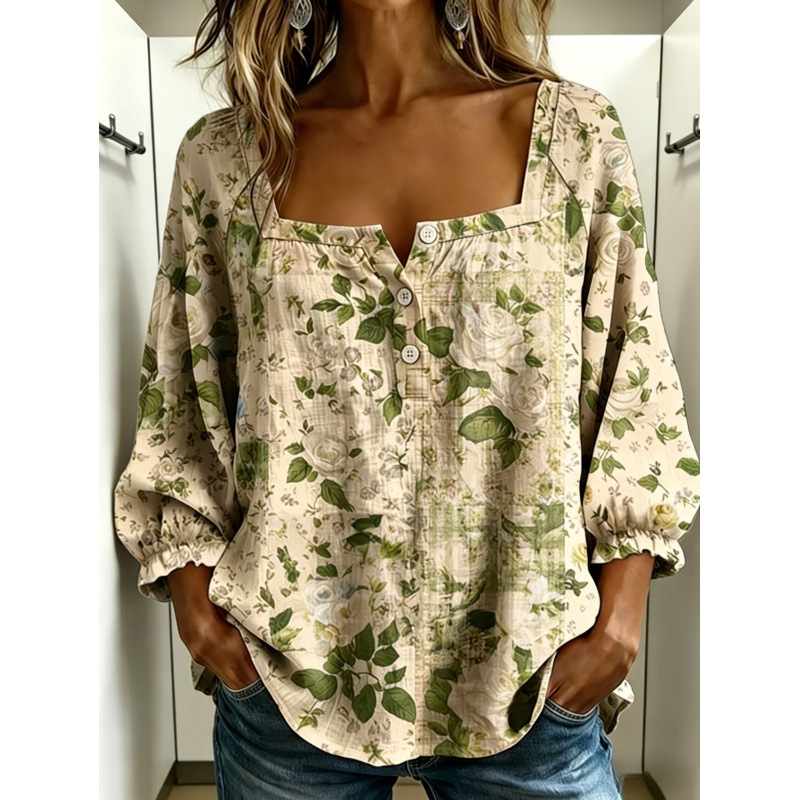 Elegant Square Neck Floral Print Casual Top