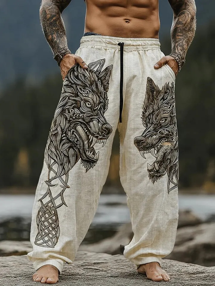Wolf Head Intricacy Relaxed Linen Wide Leg Pants