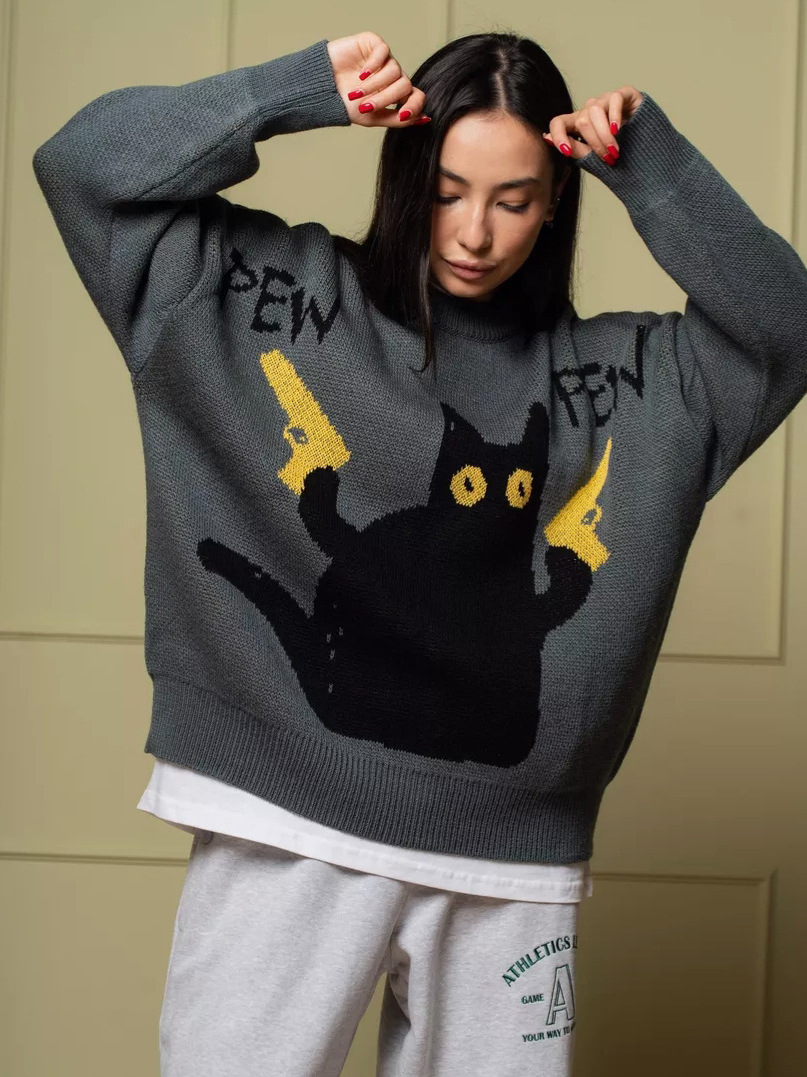 American-style Retro Loose-fitting Crewneck Spy Cat Knitted Sweater