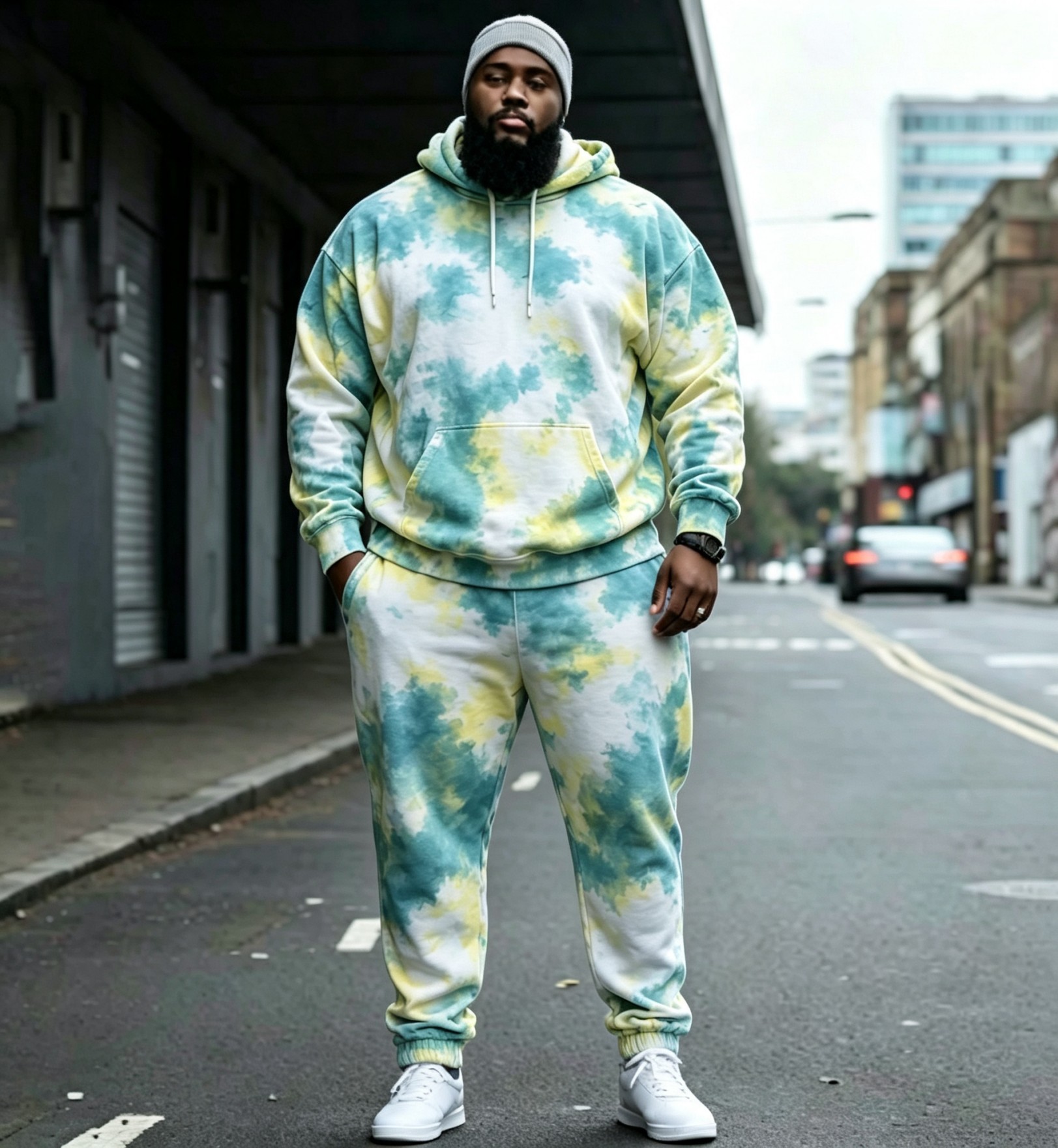 Vintage Dyed Print Casual Men's Hoodie Set
