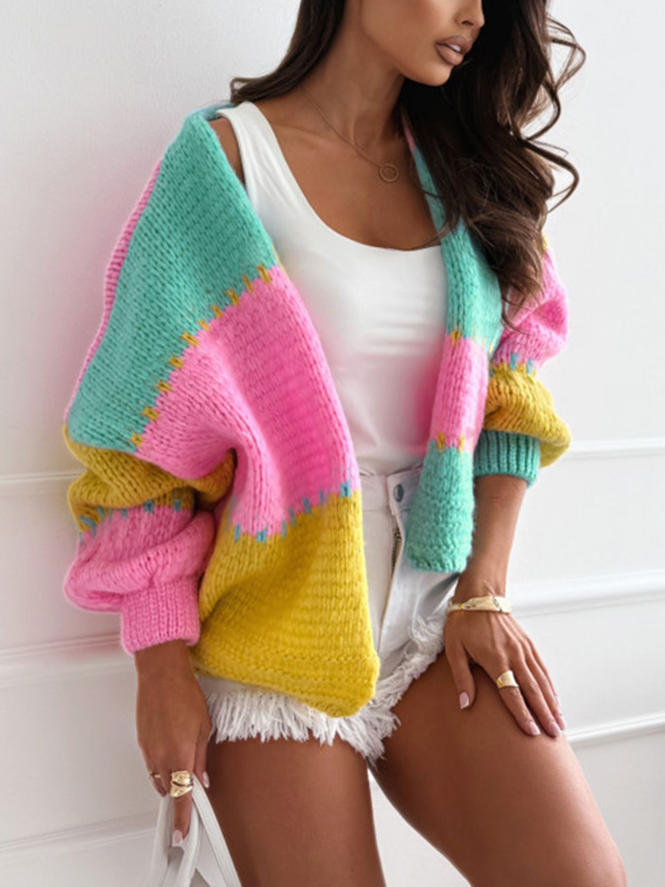 Dopamine Patchwork Contrast Color Knitted Cardigan Sweater