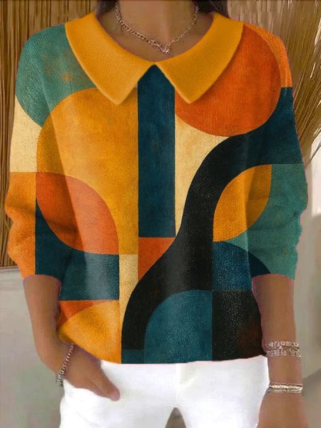 Abstract Art Relaxed Lapel V-Neck Women‘s Long Sleeved Sweater