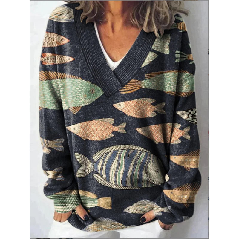 Vintage Lovely Fish Art Print Women‘s V-neck Long sleeved Sweater