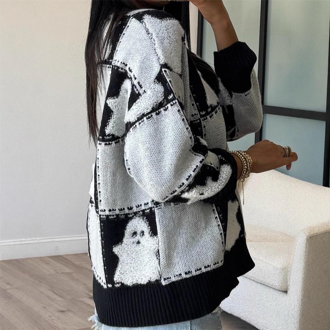 Halloween Women's Howling Ghost Print Crewneck Long-Sleeved Sweatshirt