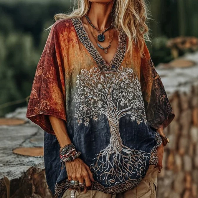 Bohemian Printed V Neck Casual Top