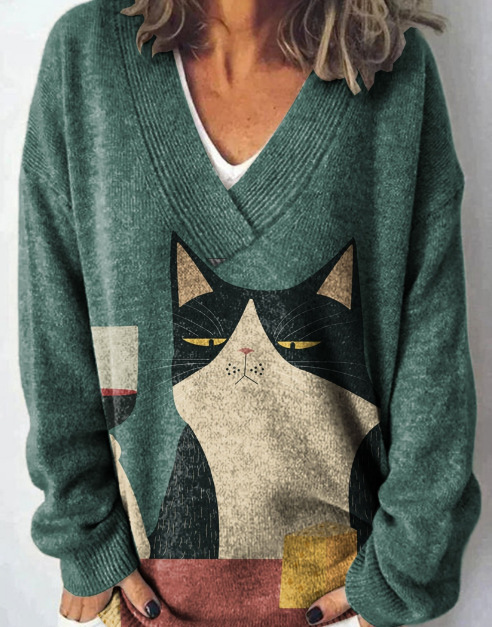 Fashionable Cute Cat Print Women‘s V-neck Long sleeved Sweater