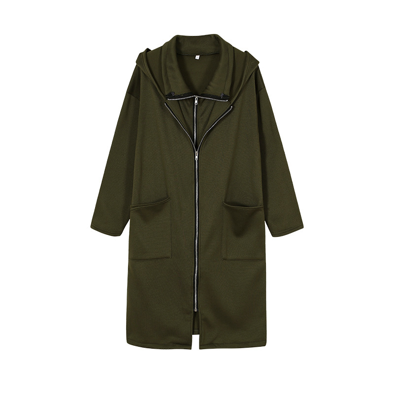 Long Hooded Pocket Zipper Loose Coat With False Two-piece Design