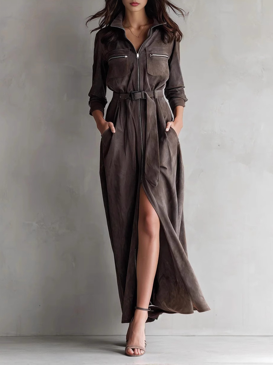 ✨ Retro Collar Shirt Dress 👗 | Women's Long Sleeve Waist-Cinching Slit Slim Fit Stylish Design