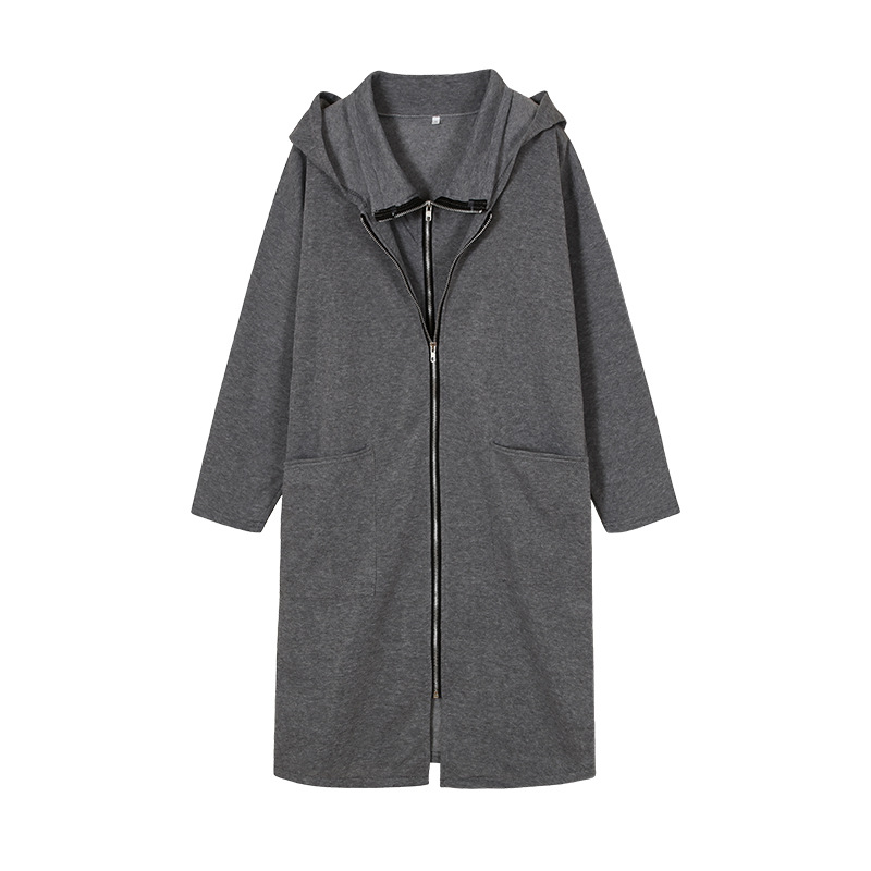 Long Hooded Pocket Zipper Loose Coat With False Two-piece Design