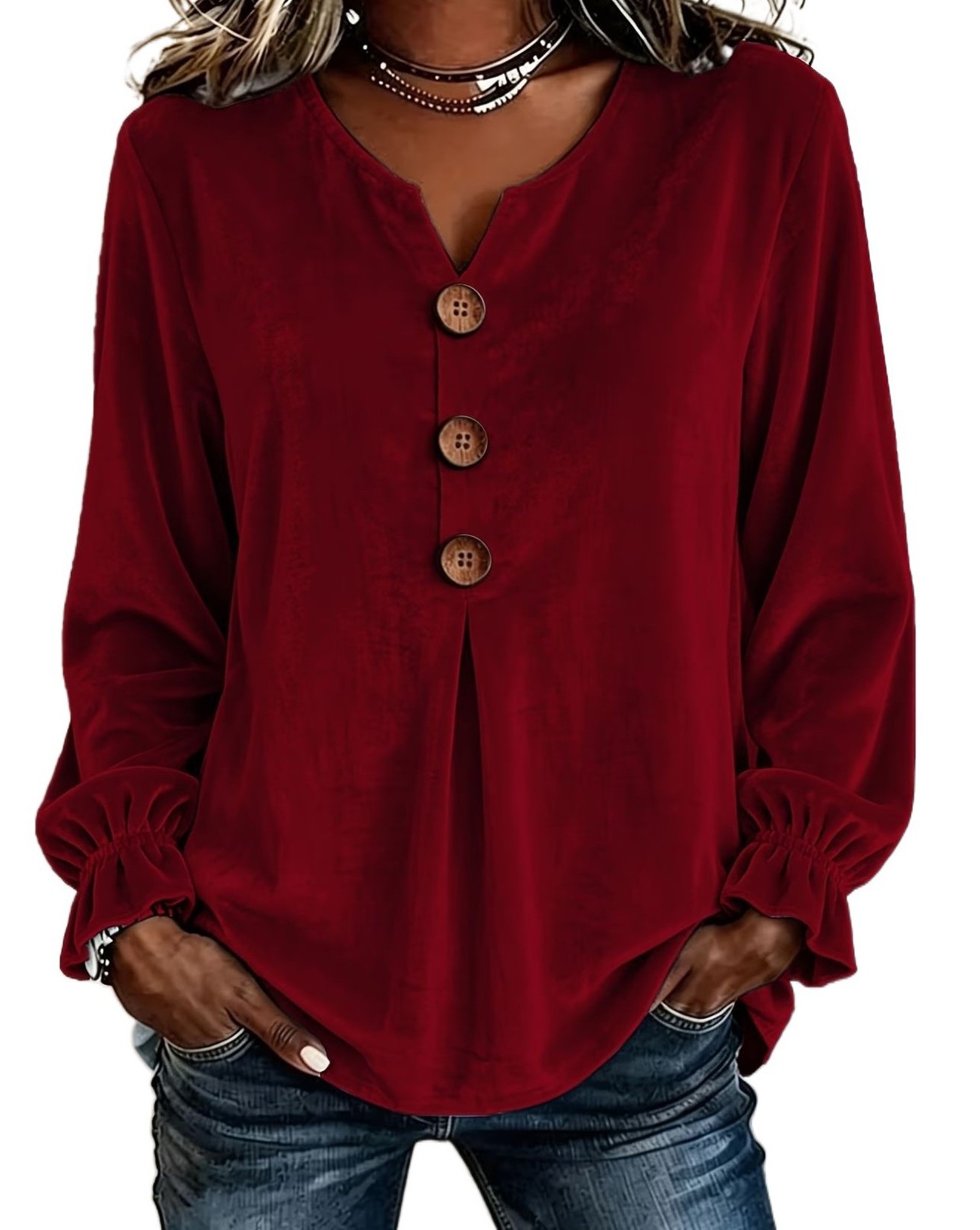 Elegant V Neck Velvet Long Sleeve Top