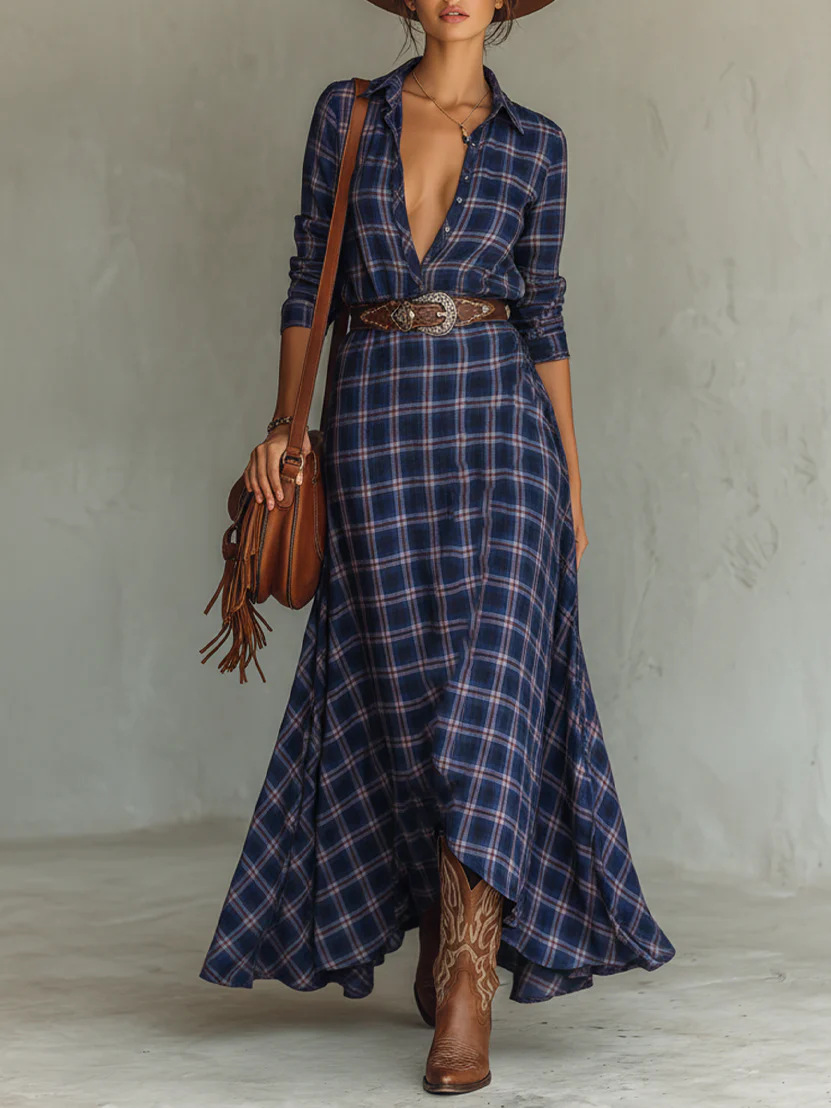 ✨ Casual Flowy Plaid Print Shirt Long Dress 👗 | Elegant Women's Casual Daily Wear
