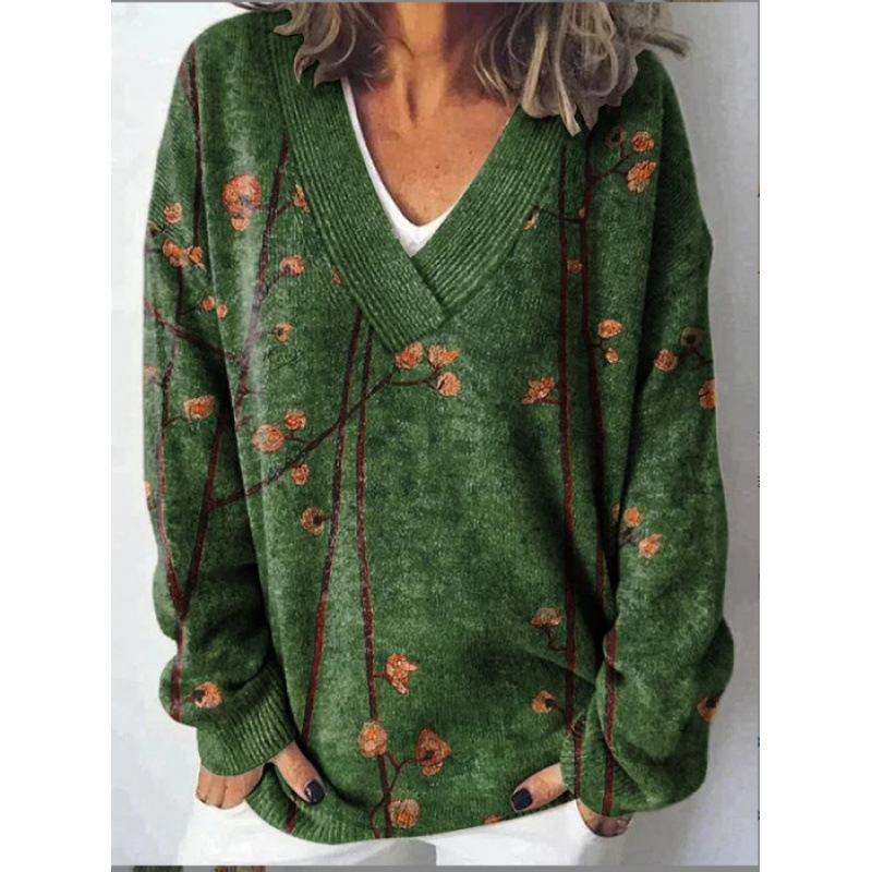 Retro Floral Print Women‘s V-neck Long sleeved Sweater