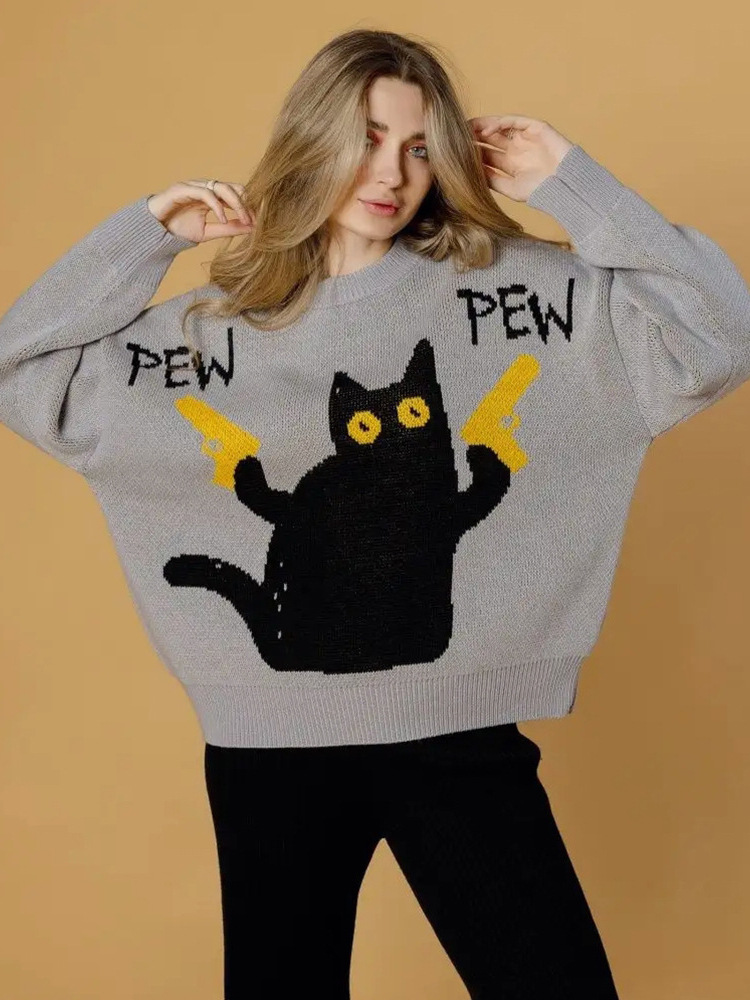 American-style Retro Loose-fitting Crewneck Spy Cat Knitted Sweater