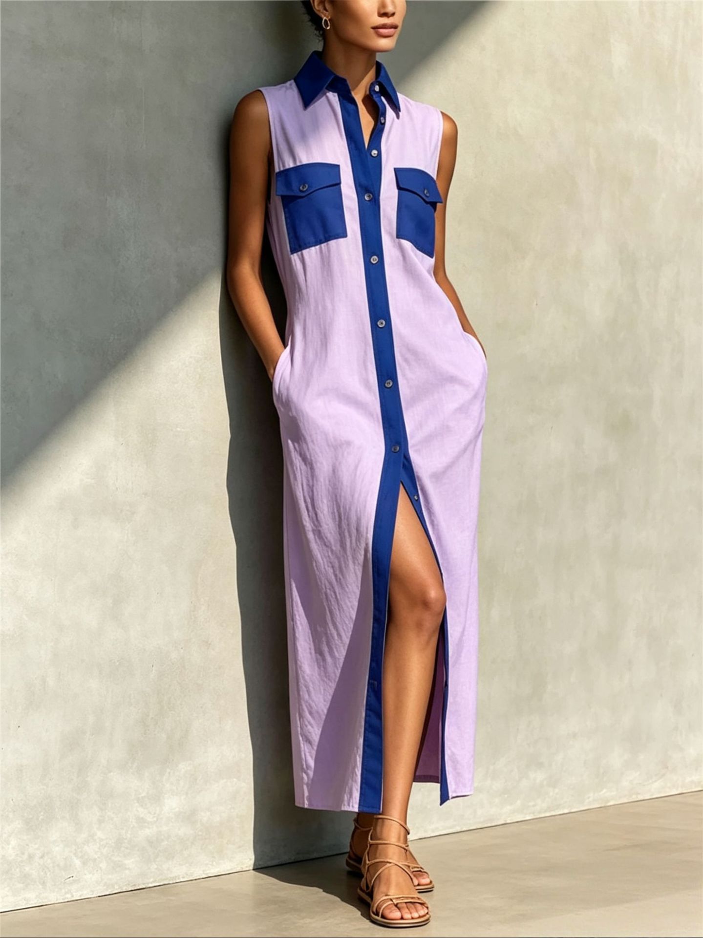 Color Blocked Lapel Sleeveless Cotton Linen Dress