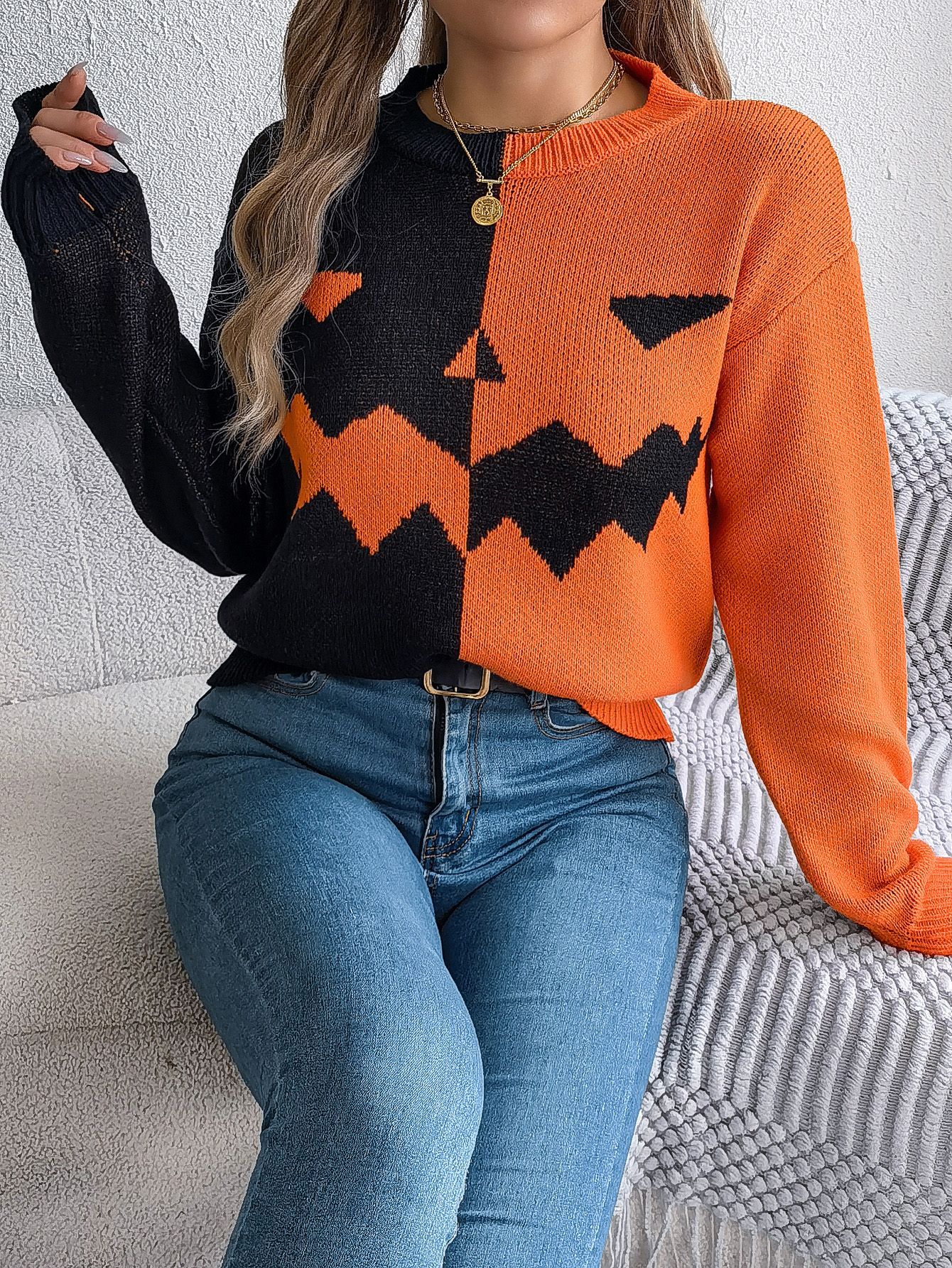 Halloween Women's Ghostly Pumpkin Color Contrast Long Sleeve Pullover Sweater