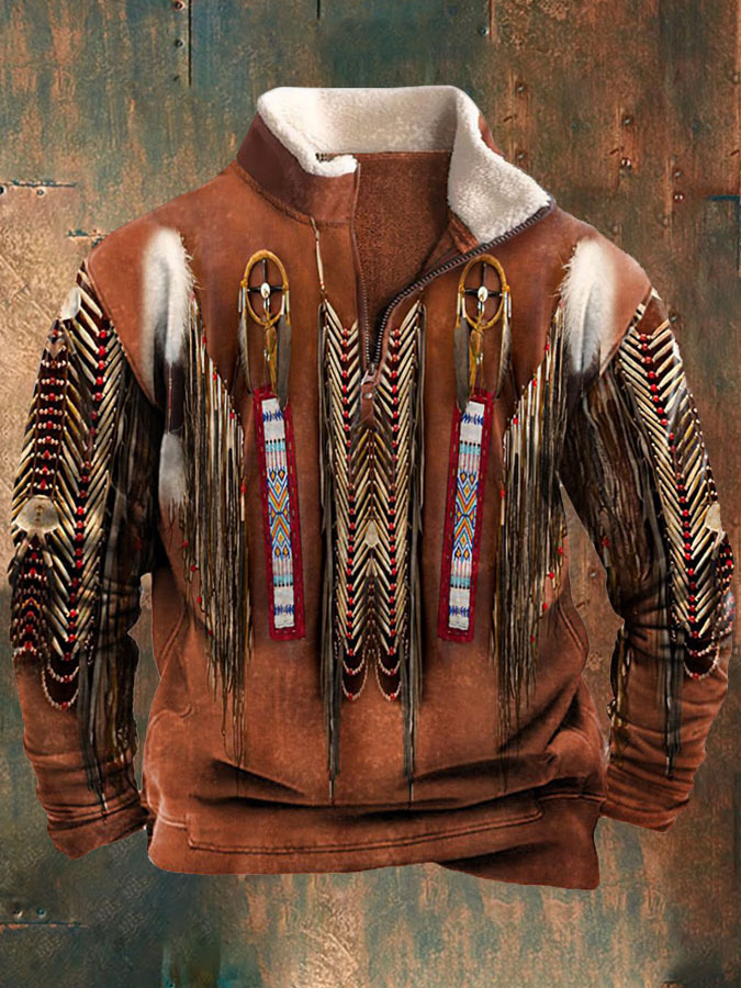 Native American Beaded Fringe Elegant Printed Long Sleeve Casual Jacket