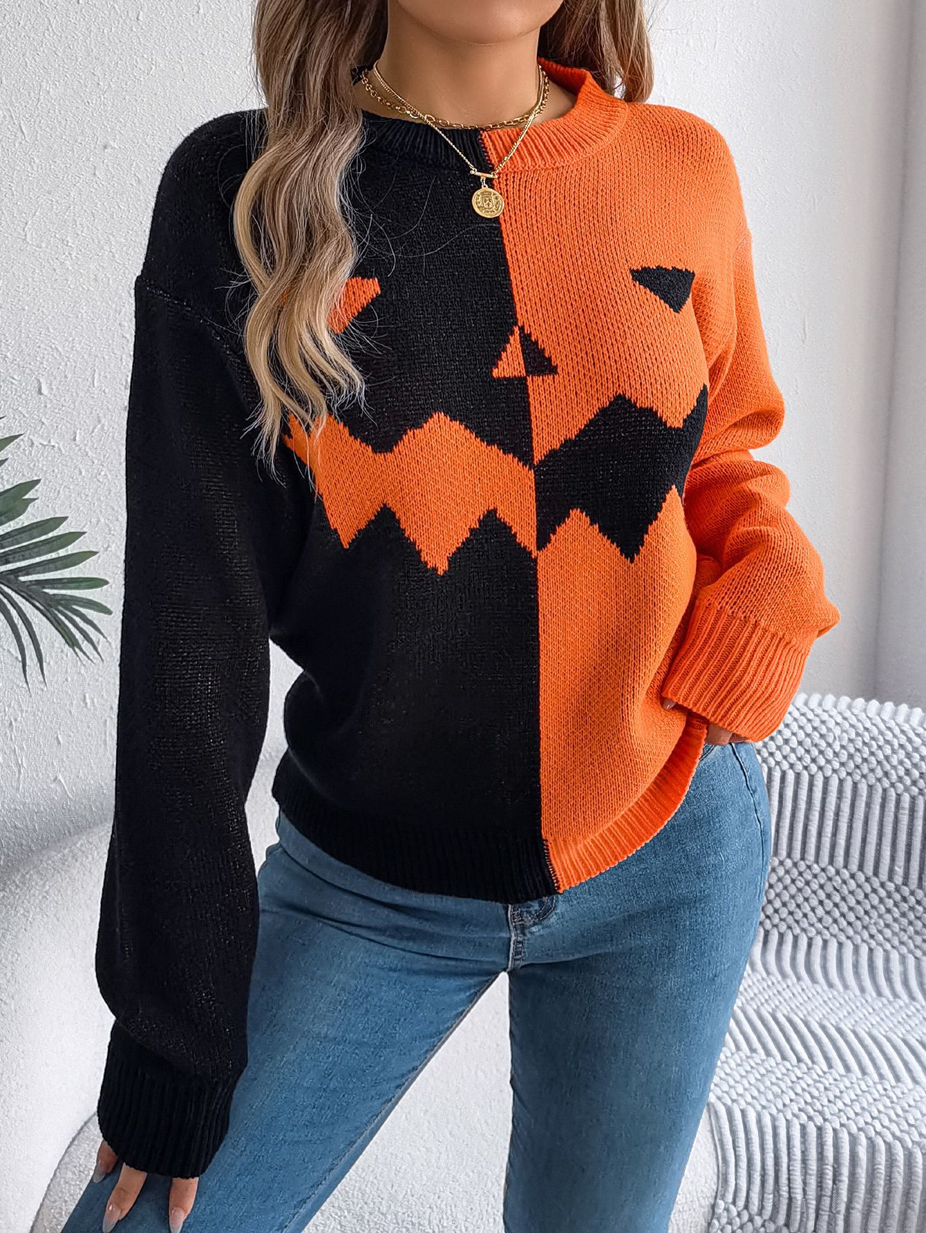 Halloween Women's Ghostly Pumpkin Color Contrast Long Sleeve Pullover Sweater