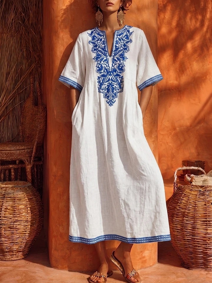 V Neck Bohemian Floral Print Maxi Dress