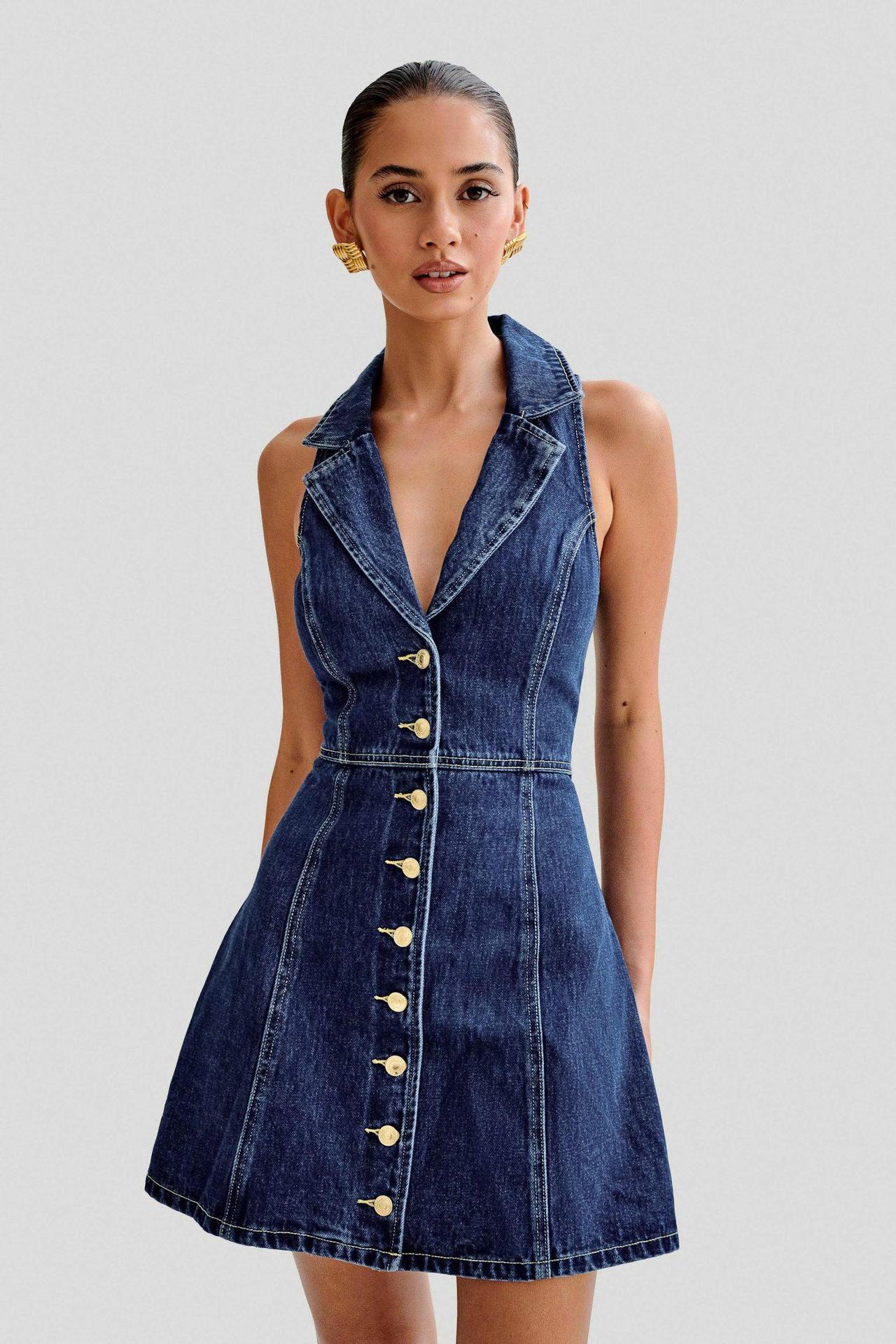 French-Style Neck-belt Denim Dress