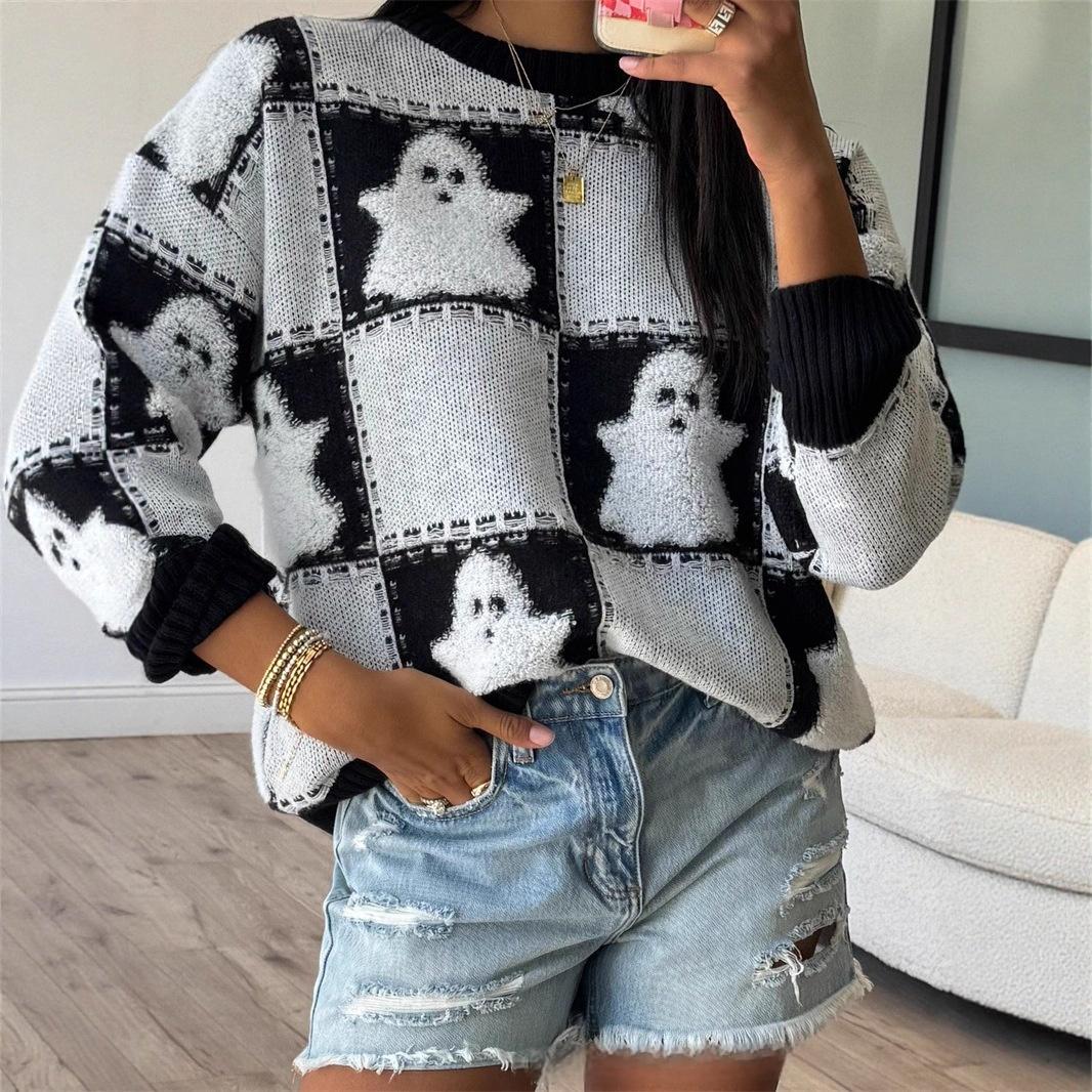 Halloween Women's Howling Ghost Print Crewneck Long-Sleeved Sweatshirt