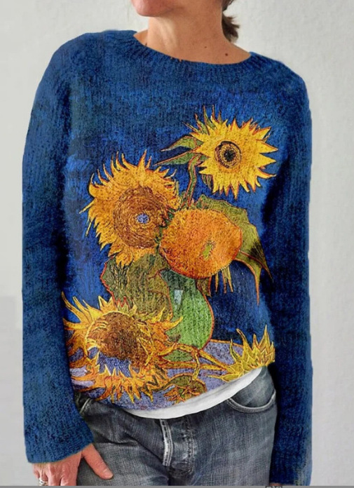 Retro Floral Print Women‘s Round-neck Long sleeved Sweater