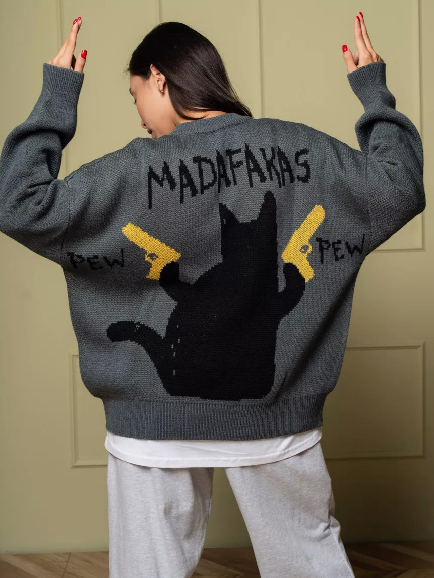 American-style Retro Loose-fitting Crewneck Spy Cat Knitted Sweater