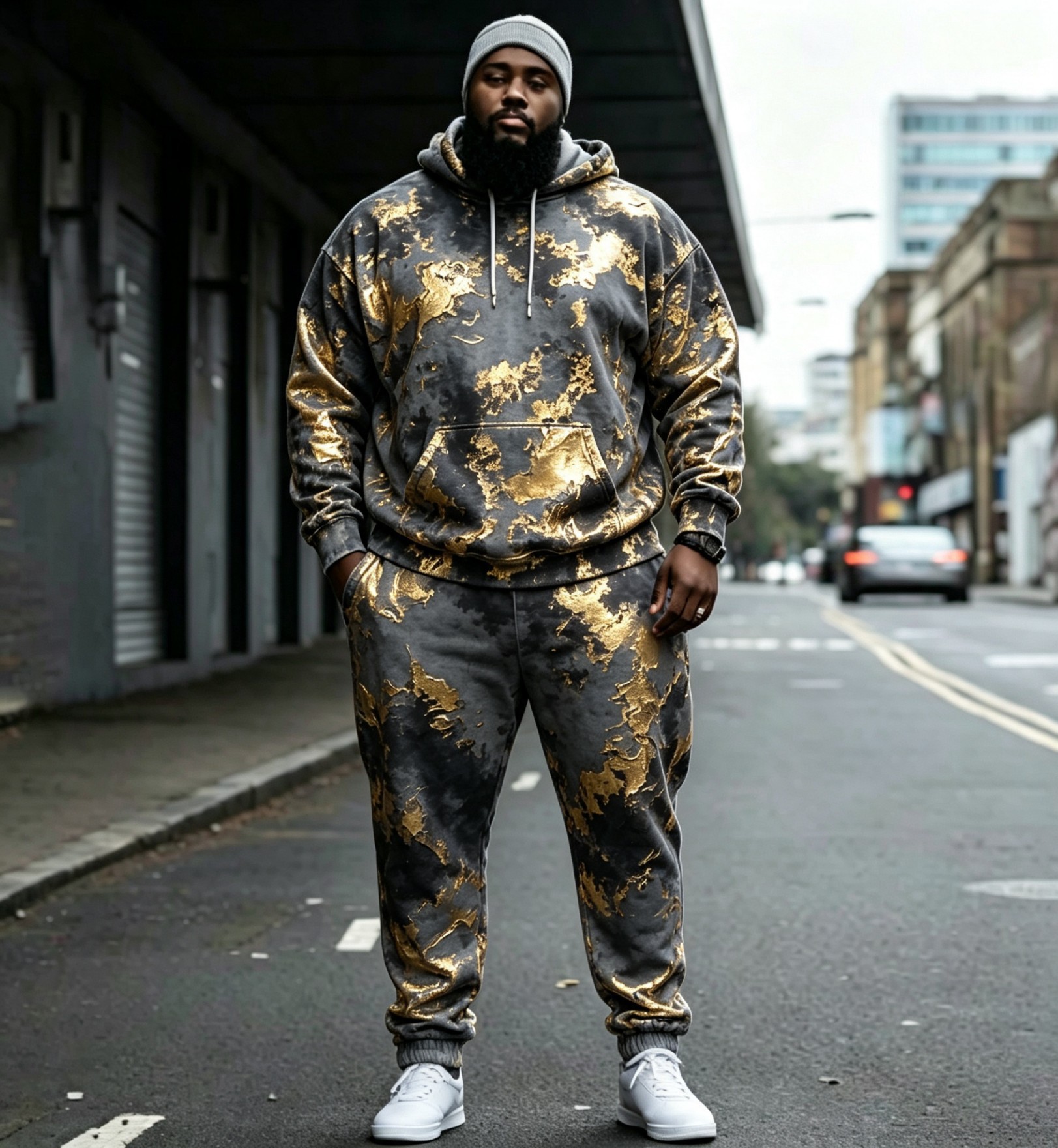 Vintage Dyed Print Casual Men's Hoodie Set