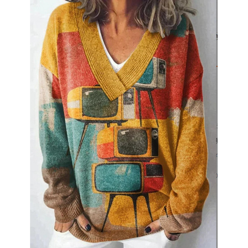 Abstract Art Print Women‘s V-neck Long sleeved Sweater