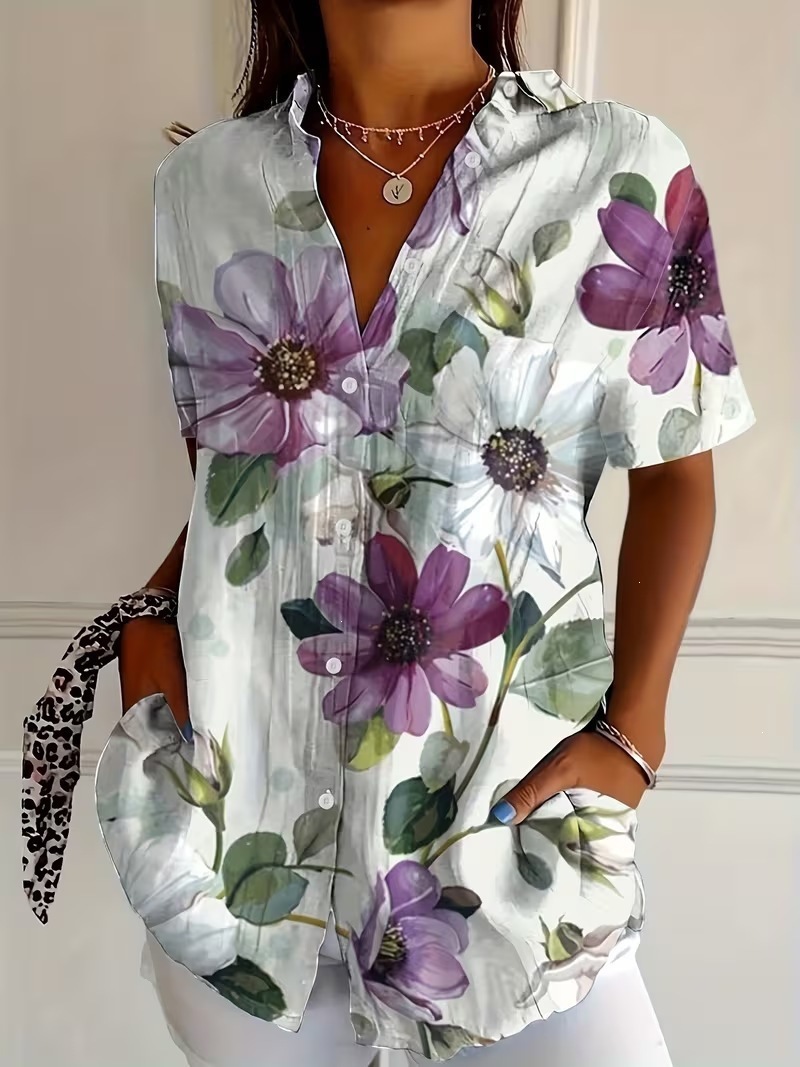 Elegant Printed Casual Short Sleeve Blouse
