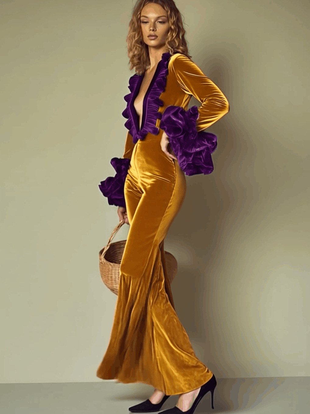 🌟 Chic Velvet Patchwork Long Sleeve Jumpsuit 👖 | INS Style Casual Gathering Women's Outfit