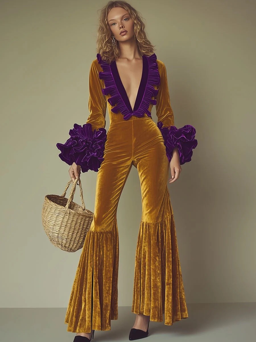 🌟 Chic Velvet Patchwork Long Sleeve Jumpsuit 👖 | INS Style Casual Gathering Women's Outfit
