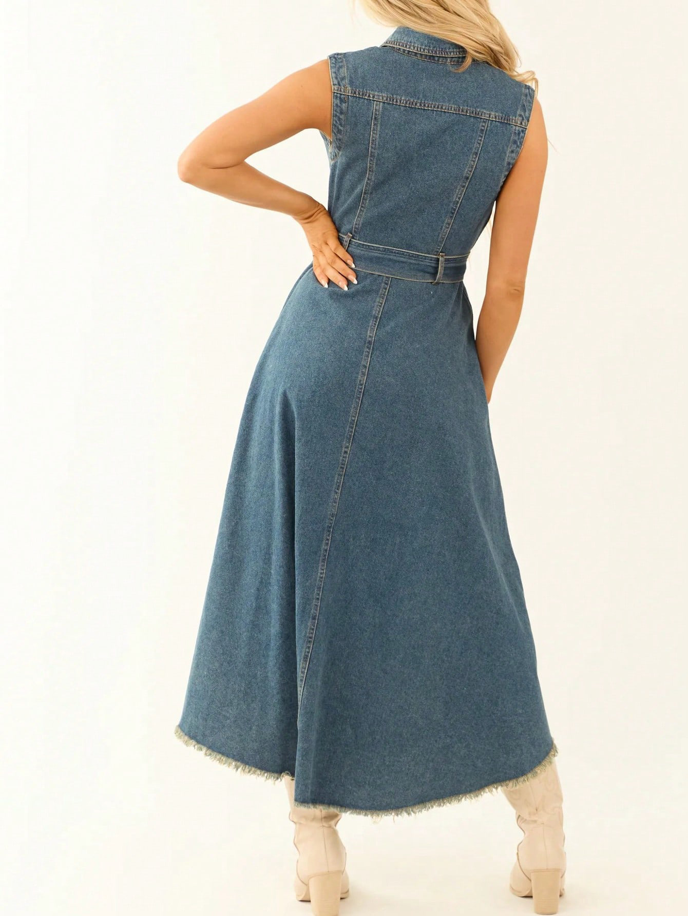 Sleeveless Irregular Fringed Denim Dress