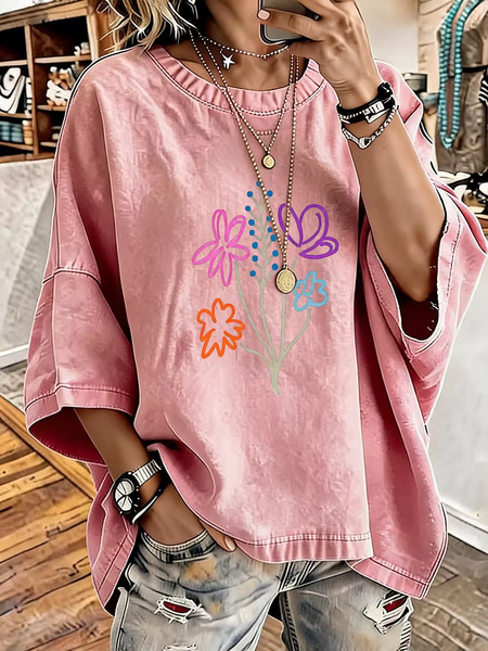 Relaxed Round Neck Seven Sleeve Casual Top
