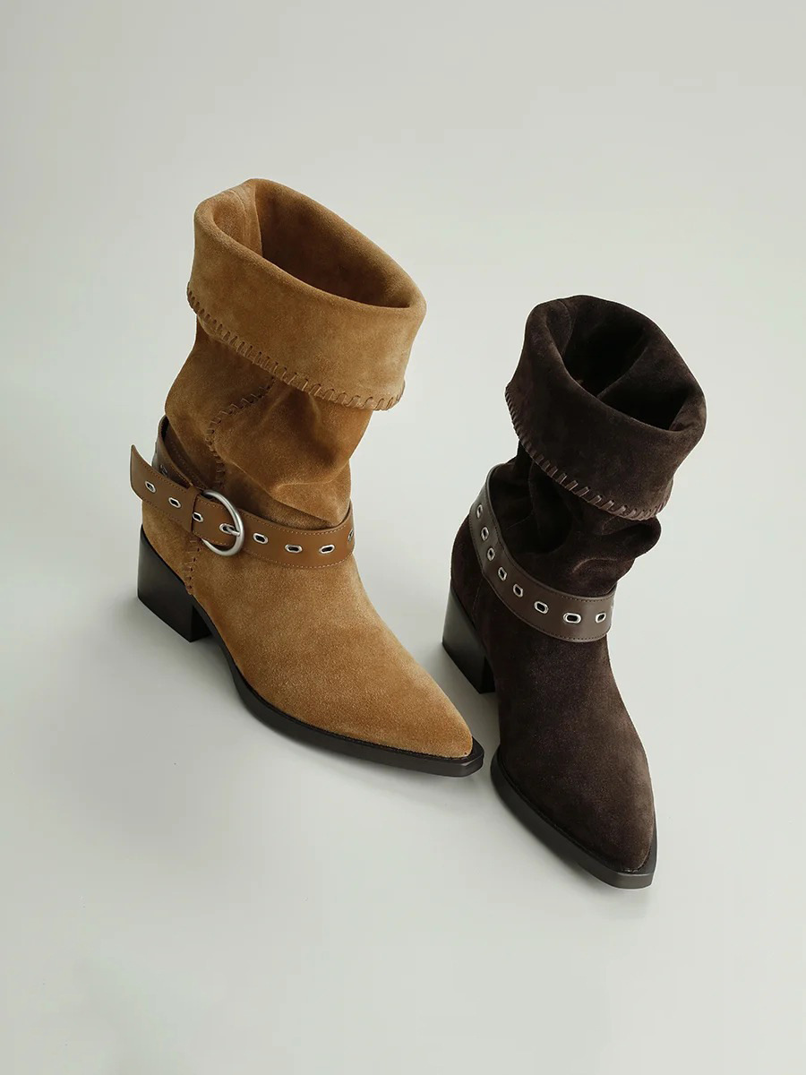 Suede Slouch Boots with Buckle Detail - Chic, Versatile Ankle Boots