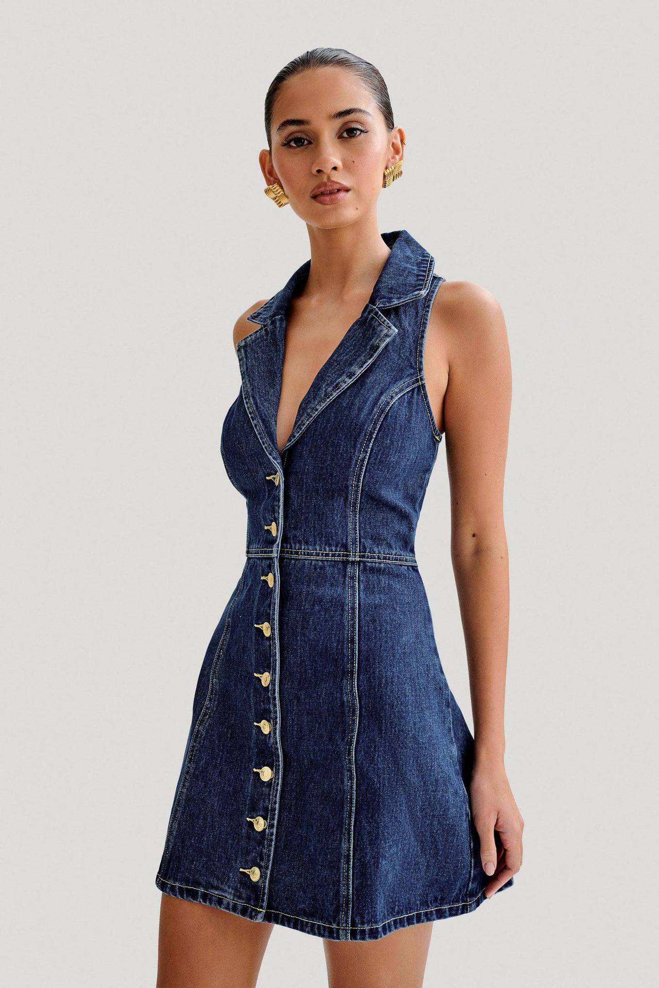 French-Style Neck-belt Denim Dress
