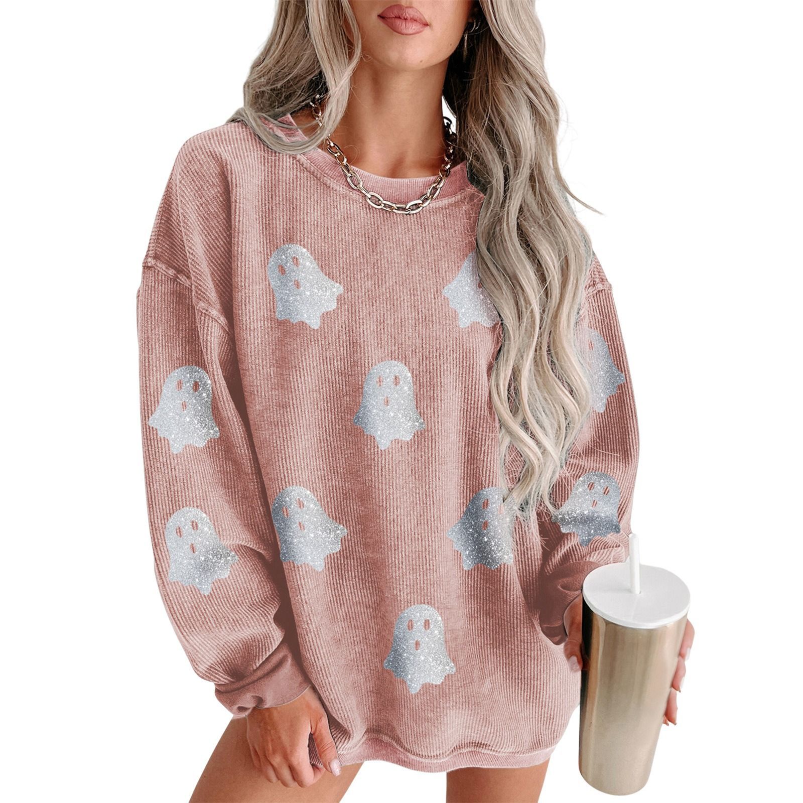Halloween Women's Howling Ghost Print Crewneck Long-Sleeved Corduroy Sweatshirt