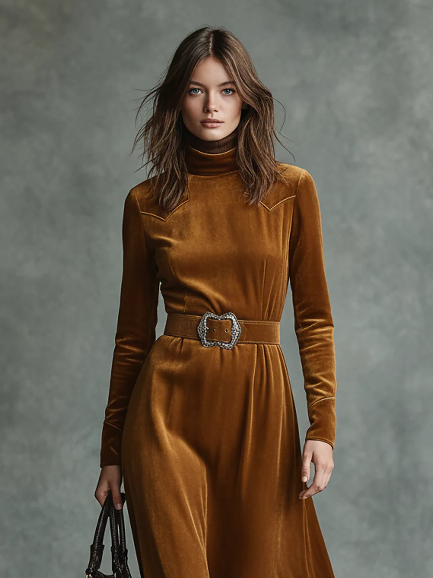 ✨ French Elegance Velvet Mock Neck Long Flared Dress With Belt 👗 | Women's Formal Evening Party Wear