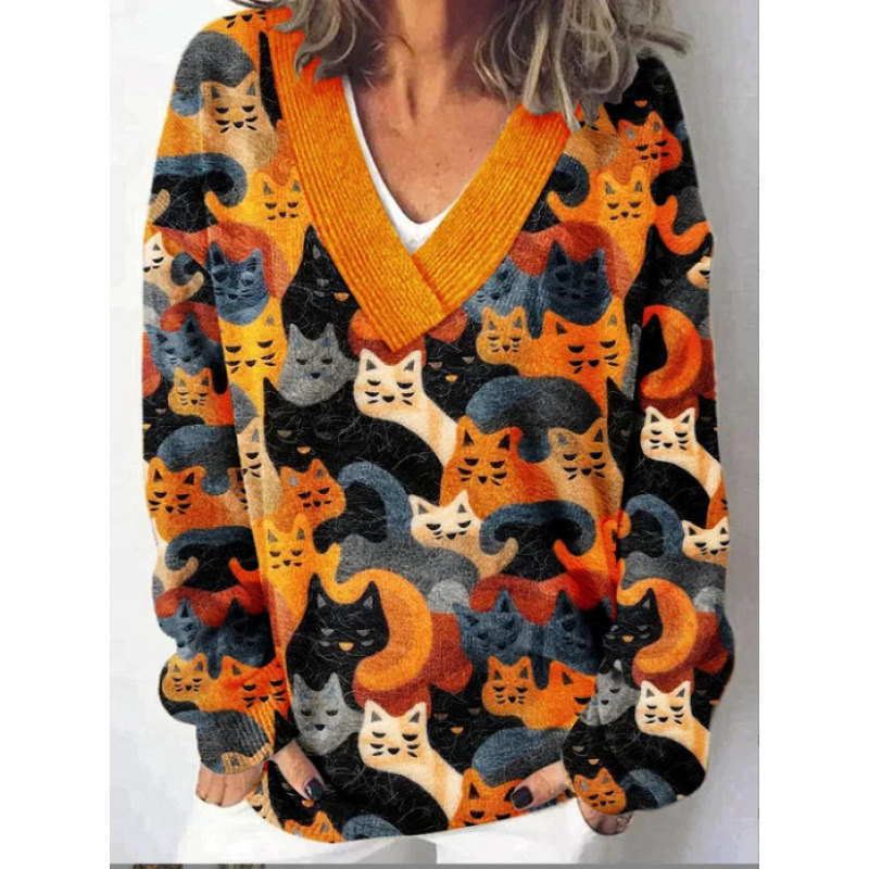 Fashionable Cute Cat Print Women‘s V-neck Long sleeved Sweater