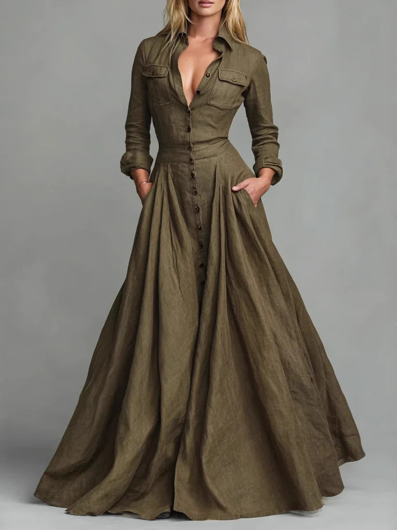 ✨ Solid Color Long-Sleeve Button Shirt Collar Flowy Flared Maxi Dress 👗 | Versatile Casual Everyday Wear