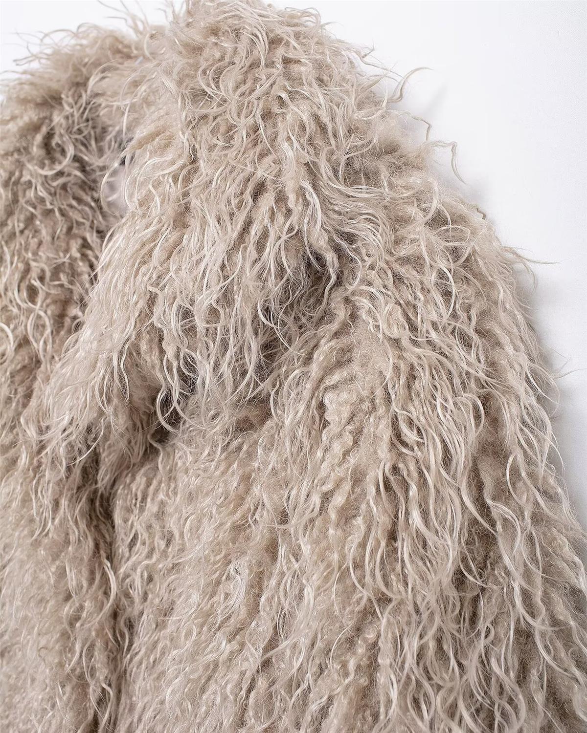 Women's Short Fur-Like Leather Coat With A Stand-up Collar